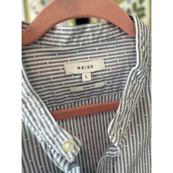 Reiss Slim Pinstriped Long Sleeve Button Down Shirt Blue White Mens Size Large - Picture 10 of 13